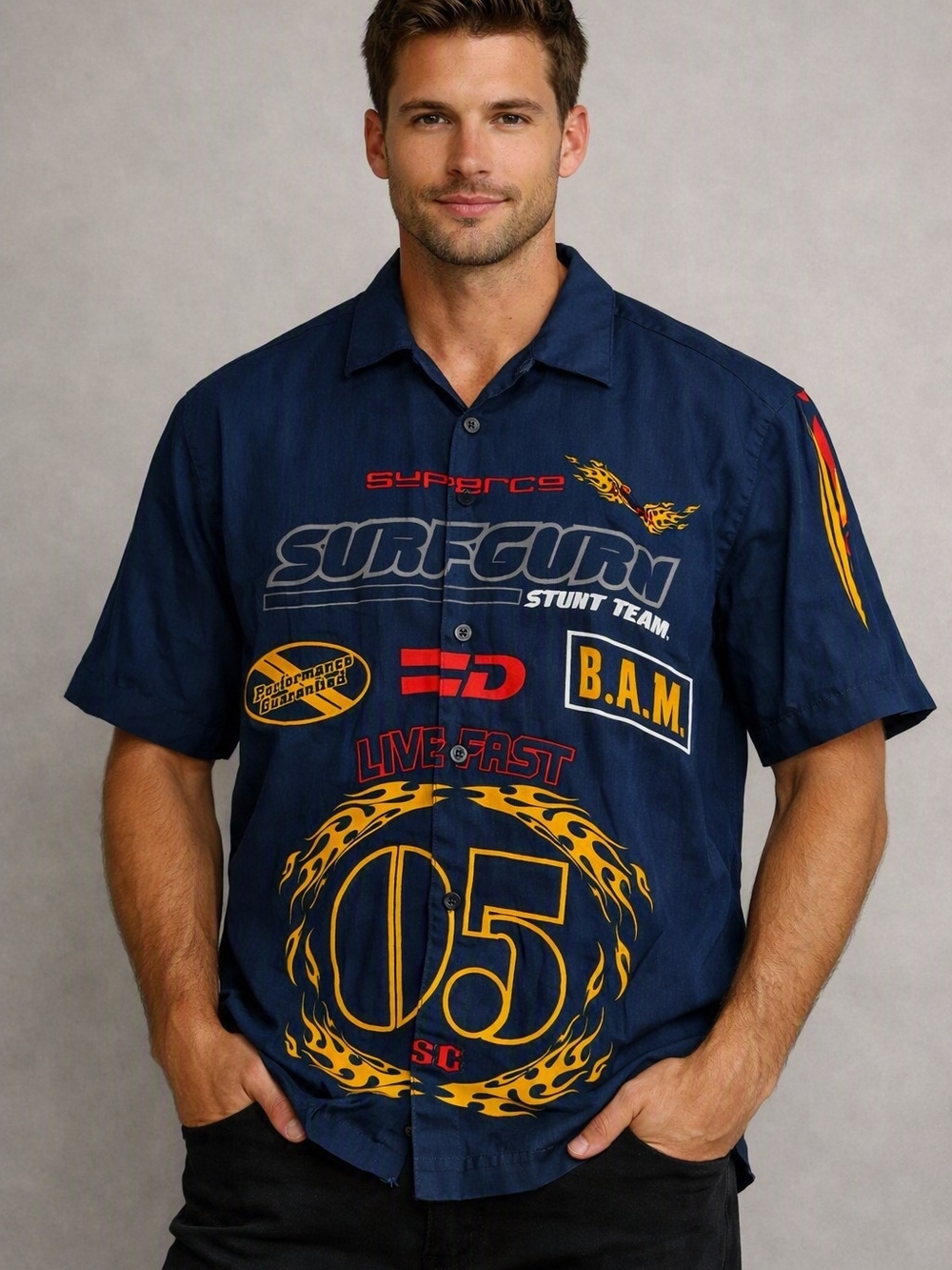 Urban Rags Shirt Mens Large Blue Surfer Stunt Team Speed Logo Y2k Vintage Button